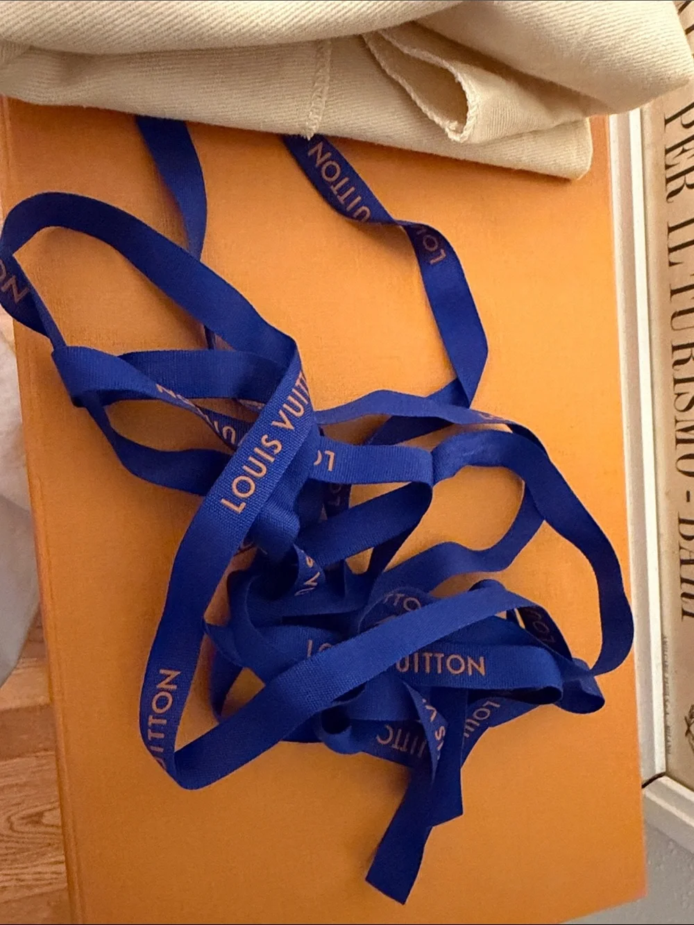 Louis Vuitton Large Orange Box with Cream Dust Bag and Blue Ribbon